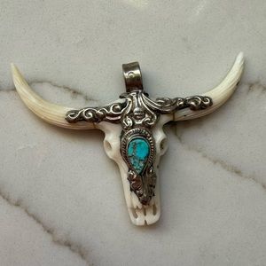Bone, silver, and turquoise stone Steer Skull Pendant